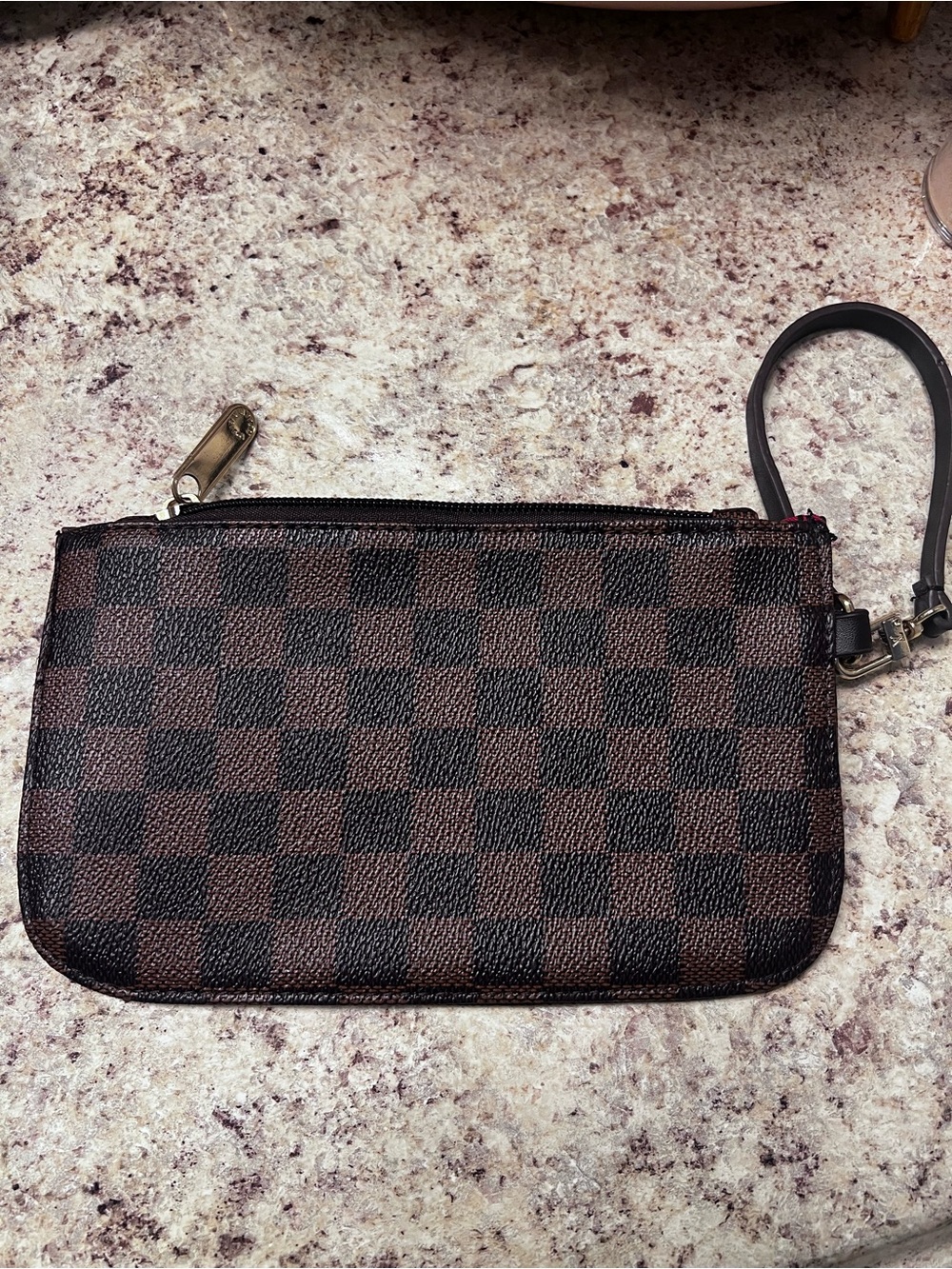 Checkerboard Zip Wristlet or credit card wallet in brown